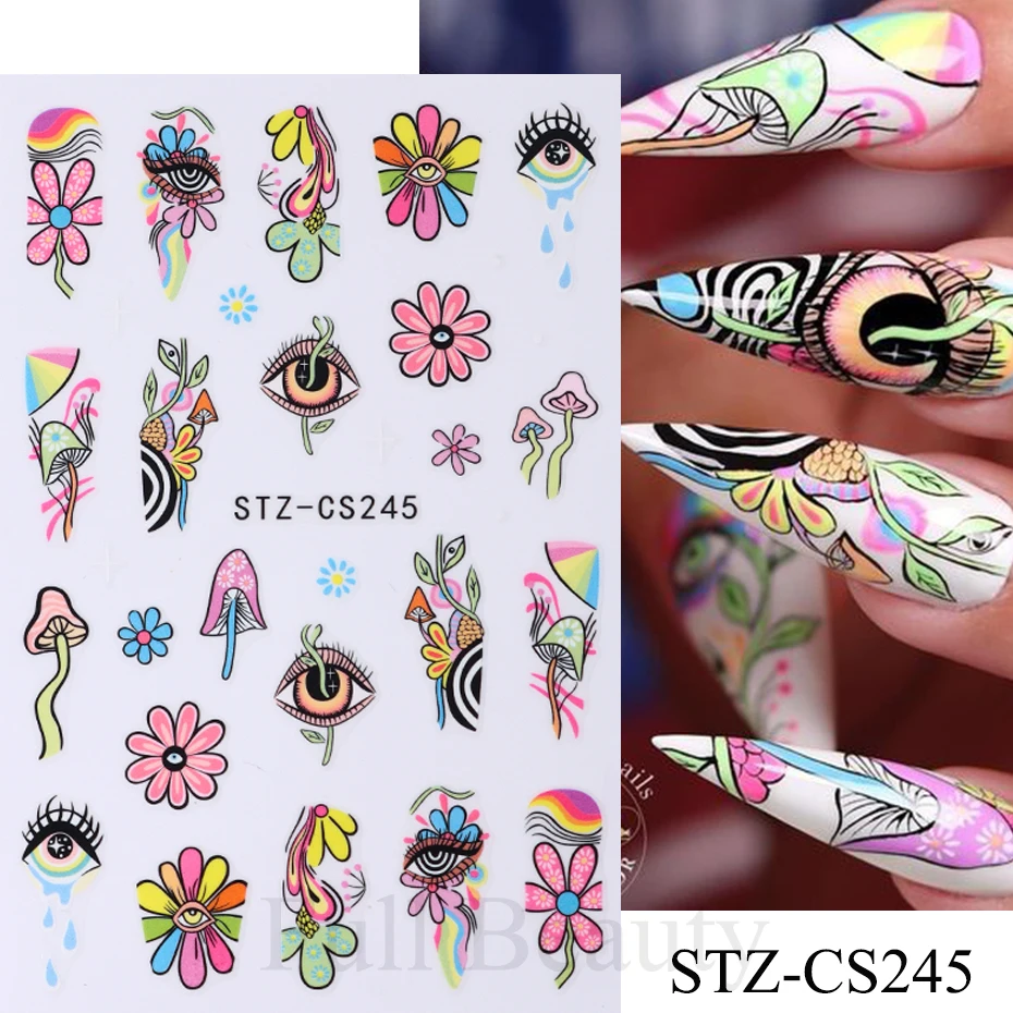 Pegatinas adhesivas para uñas, 9 piezas, flor de mal de ojo, hongo, estrella, Luna, cara sonriente, decoración artística de uñas, diseño colorido