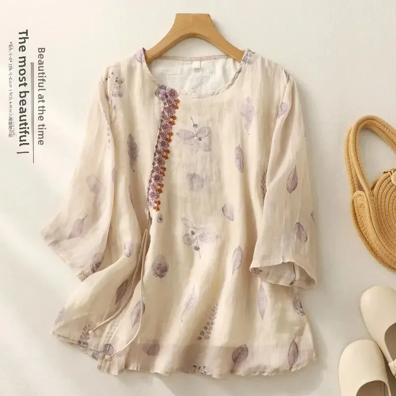 

Realistic Cotton Linen Blouse With Loose Fit Slimming High-End Feel Summer T-Shirt 2025 New Style Women's Shirt (Buttoned)