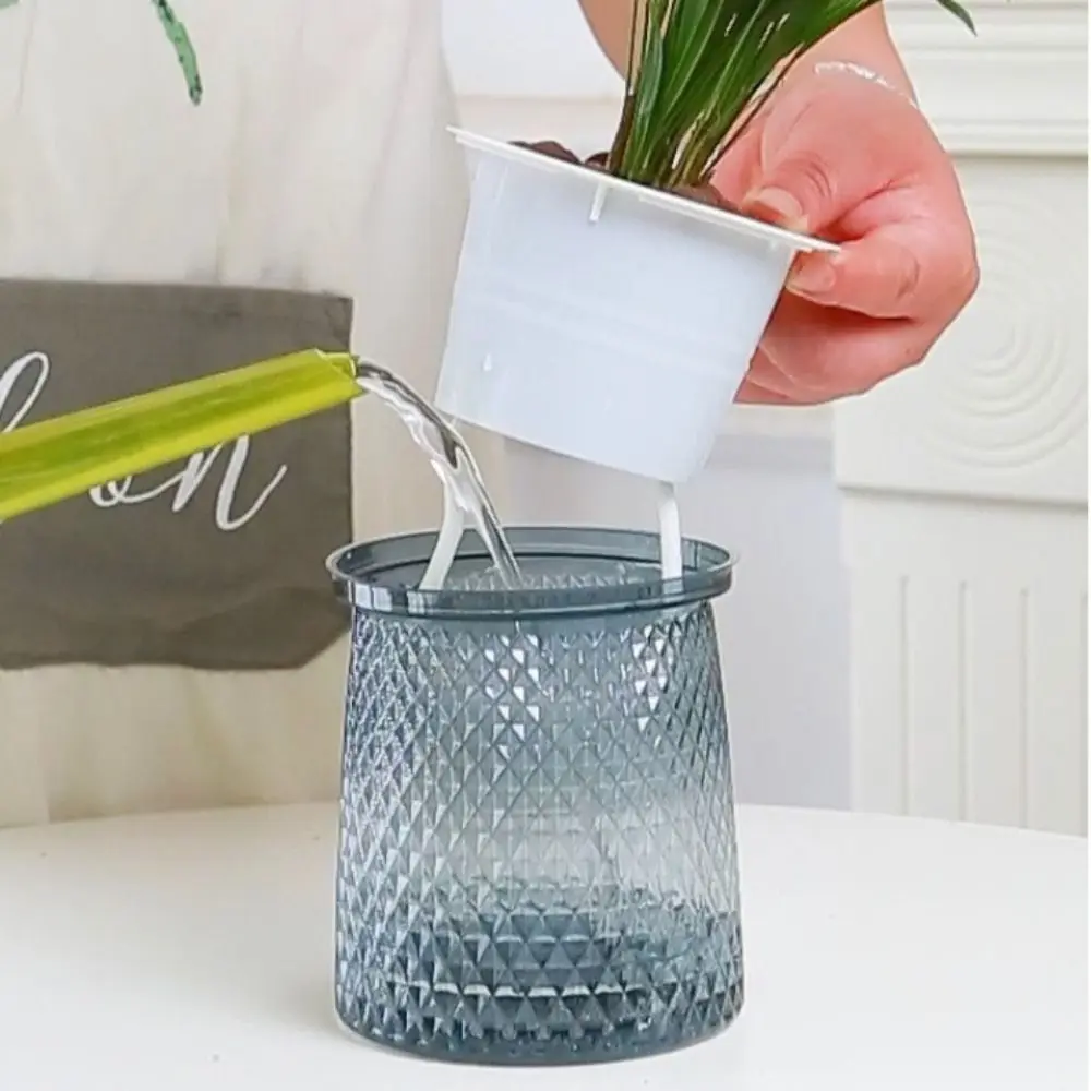 Home Bonsai Decor Plastic Self Watering Plant Pot Transparent Double-layer Flower Vase Round Mini Lazy Potted Flower Pot Indoor
