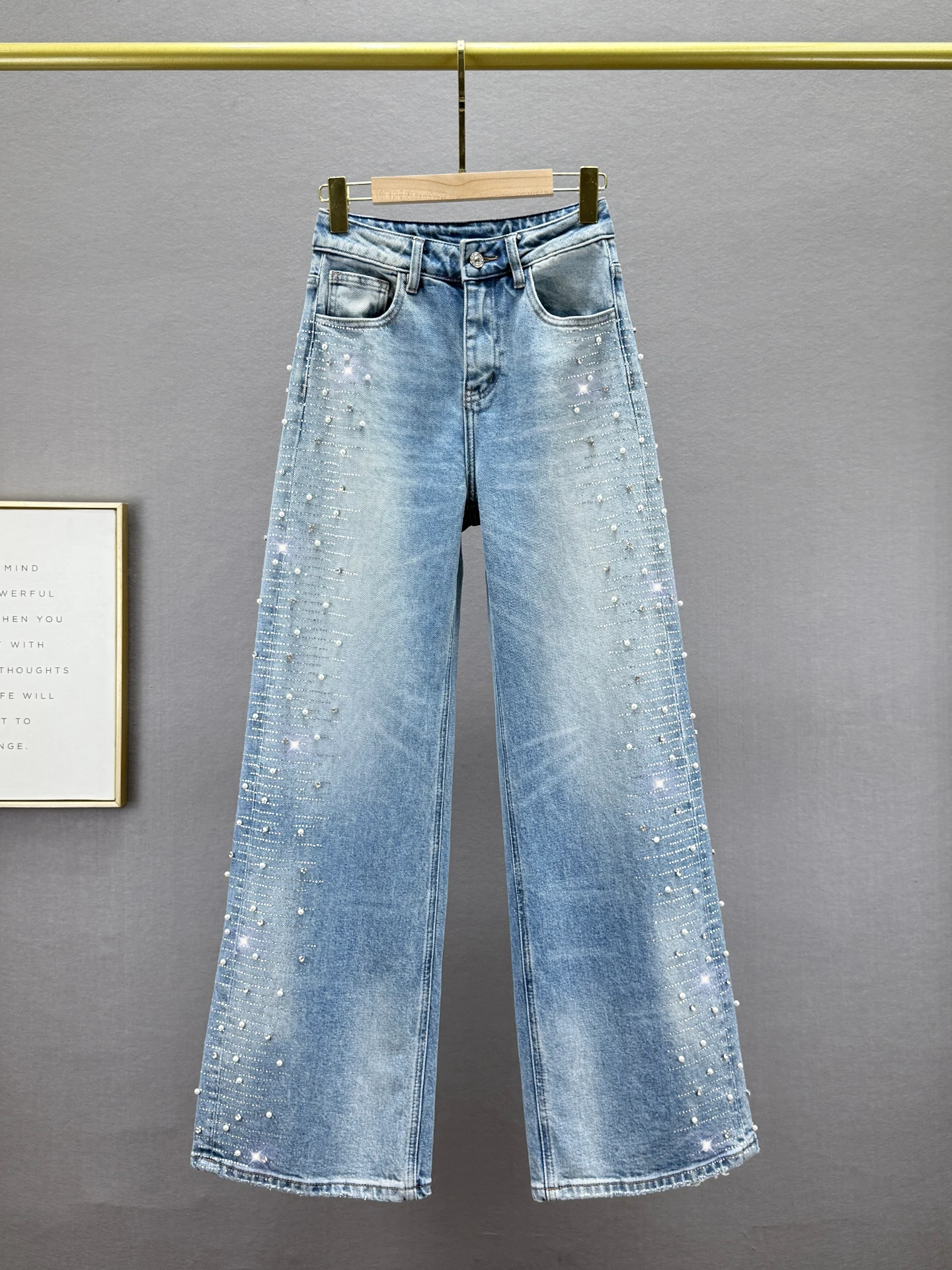 

Европейские женские джинсы с высокой талией, свободного кроя, удлиненные, с декором из страз, модные широкие брюки, весна 2026