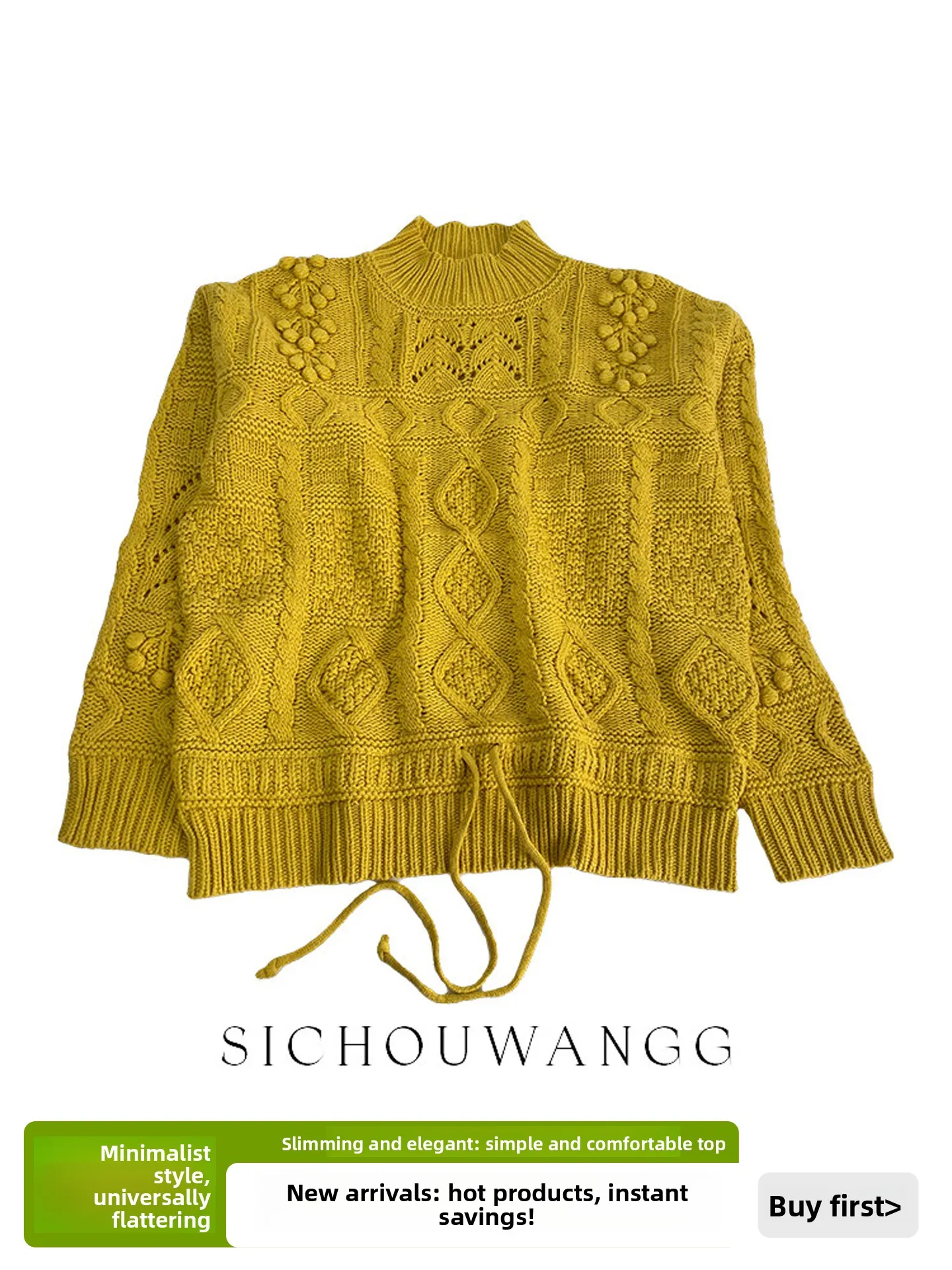 

Yellow High Collar Twisted Pattern Women's Long Sve Loose Warm Color Knitted Sweater Autumn Winter New Sle Top