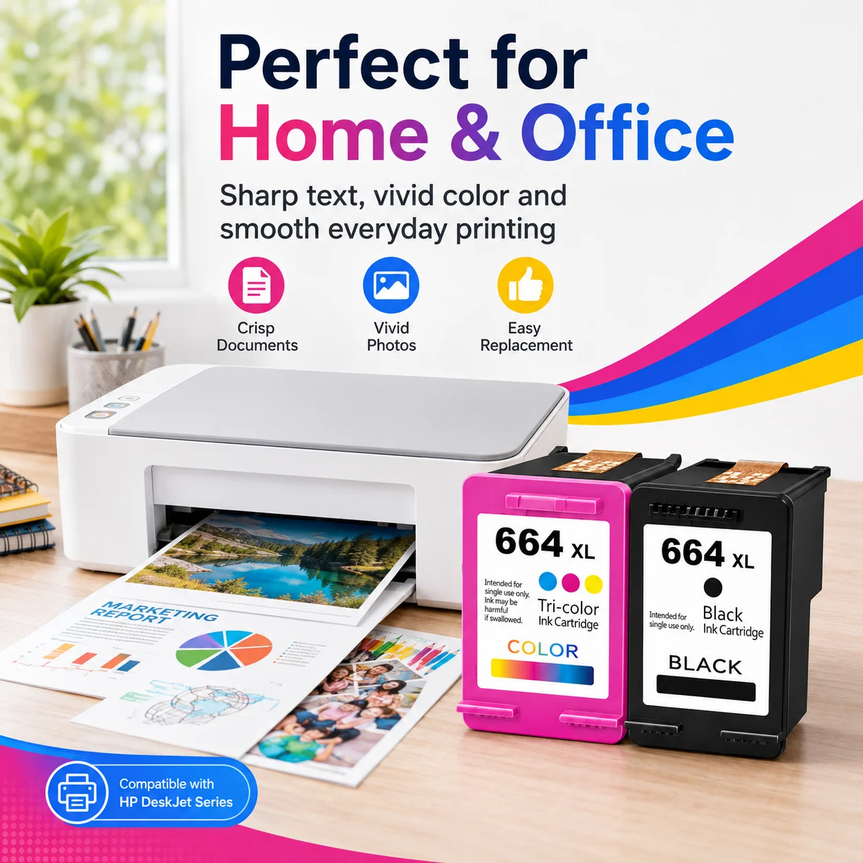 664XL Compatible Ink Cartridge Black & Tri-Color for HP DeskJet Ink Advantage 1115 2135 2675 3635 4535 5075 5275