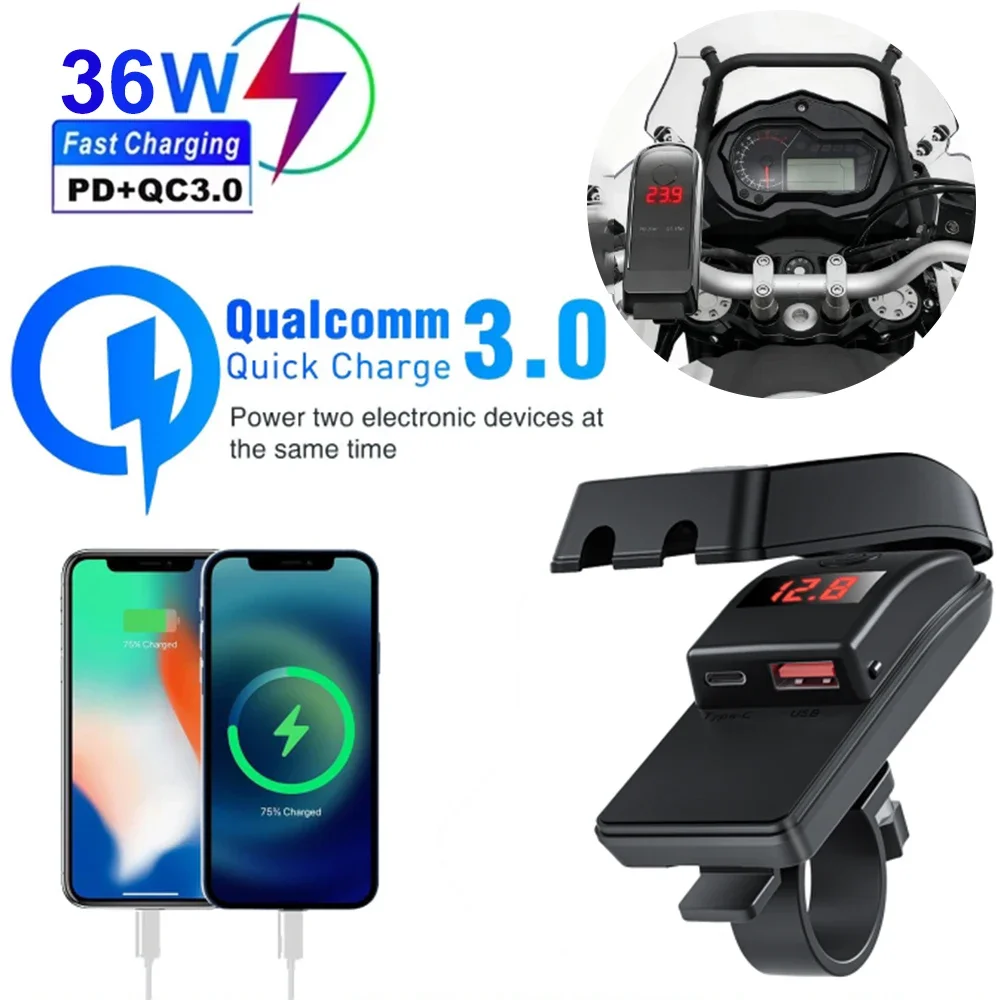 PD QC3.0 Motorcycle USB Fast Charger 36W Handlebar USB Type C Socket with Switch Voltmeter Waterproof 12V Power Supply Adapter