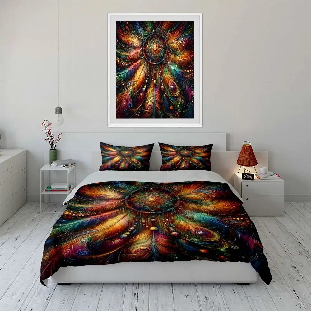 Colorful Bohemian Dreamcatcher Decor Set Bedding Set with 1 Duvet Cover 2 Pillowcases Single Double King Queen, Gift
