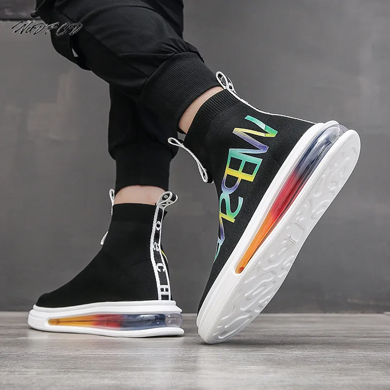 High Top Sneaker Men Air Cushion Sock Shoes Fashion Casual Knitting Mesh Breathable Height Increased Flat Platform Running Shoes