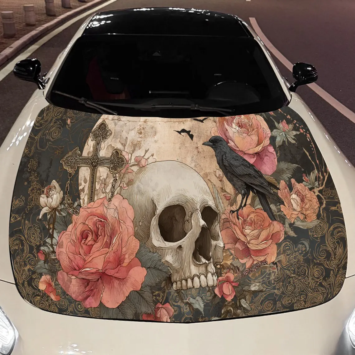 

Antique - Style Skull with Roses and Crow Car Engine Hood Sticker, Auto Vinyl Wraps, Waterproof Self-adhesive Vehicle Decal, Dur