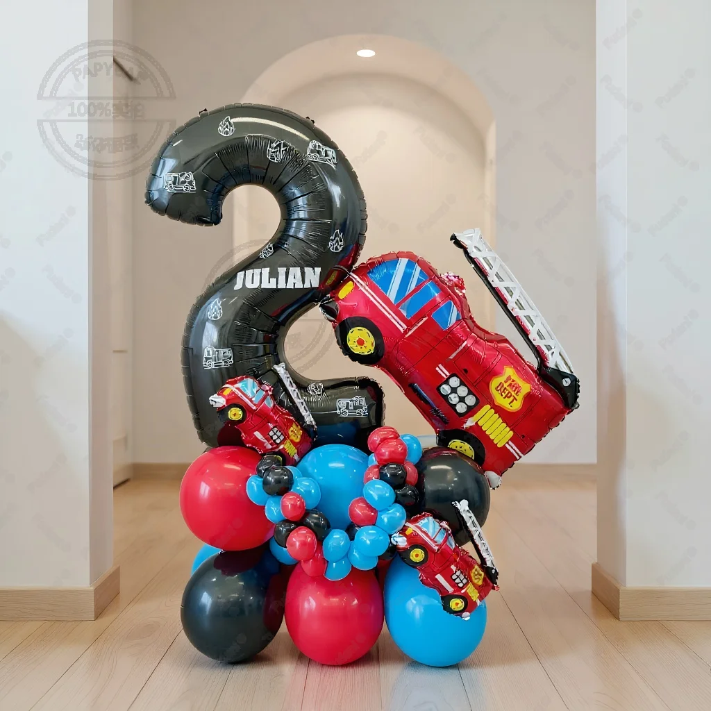 53 قطعة بالون شاحنة مطافئ 1-9 مجموعة رقمية سوداء أحمر أزرق أسود النار Globos للبنين أطفال رجال الاطفاء تحت عنوان حفلة عيد ميلاد الديكورات