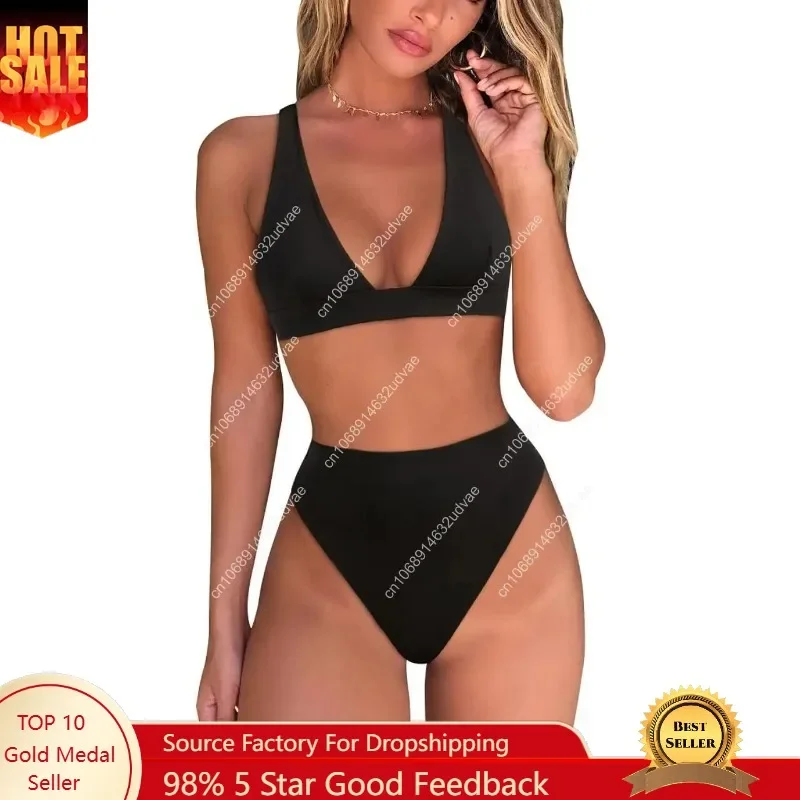 Womens High Waisted Thong Bikini Sets Sexy Brazilian Triangle Top Deep V Neck Two Piece Swimsuit Bathing Suits