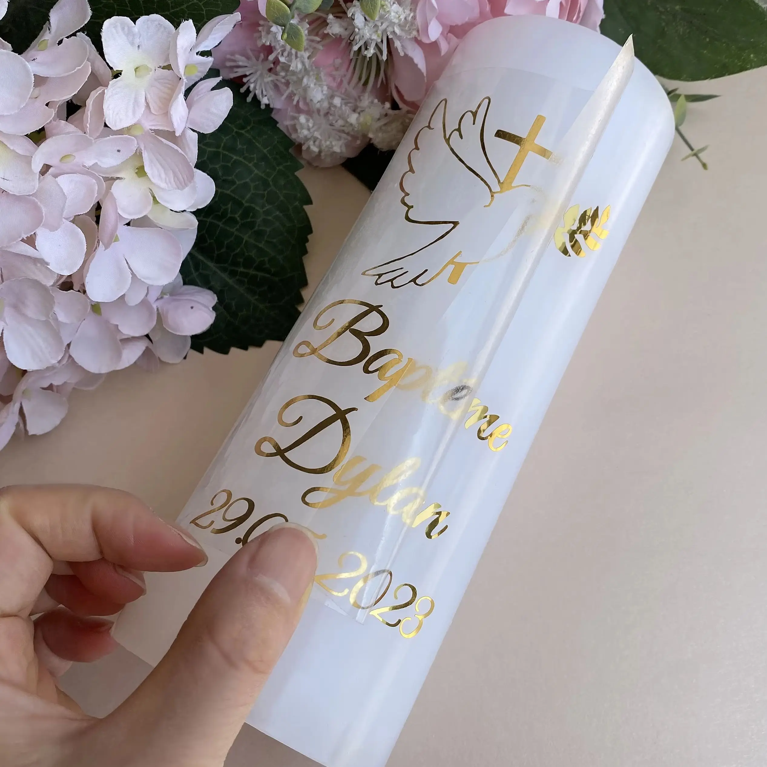 Personalized Gold Cross Dove Baby Baptism Stickers for Pillar Candle Wedding Naming Day Candles Decorations Vinyl decals
