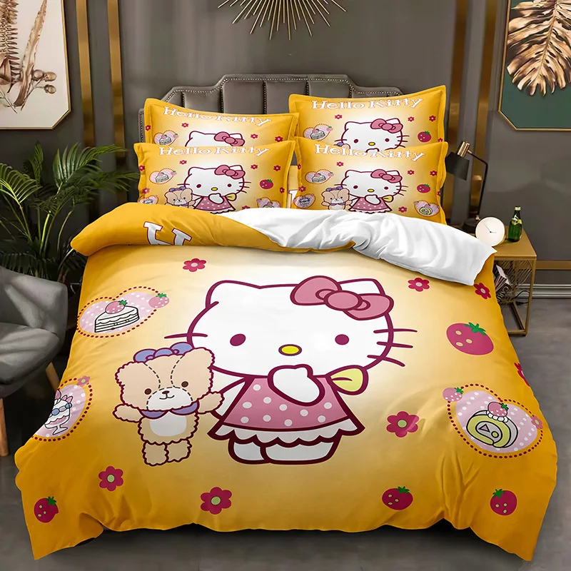 Imagem -04 - Sanrio Olá Kitty Conjunto de Cama para Crianças e Adultos Home Cartoon Bed Pillow Cover Colcha Full Twin King Size Pcs