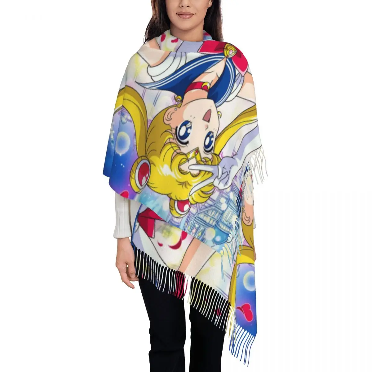 Womens Tassel Scarf Anime Long Soft Warm Shawl and Wrap Moon Girl Gifts Pashmina Scarves