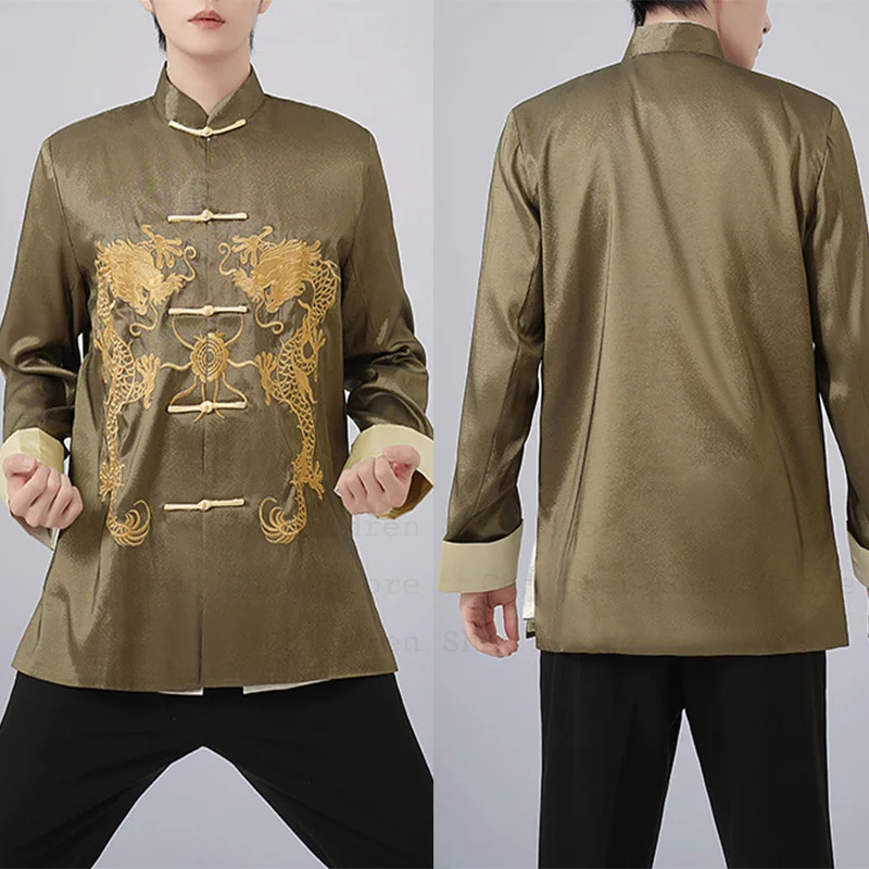 

Chinese Hanfu Tang Clothes Satin Kung Fu Tai Chi Shirt Men Long Sleeve Chesongam Top Embroider Dragon Jacker Festival Gift