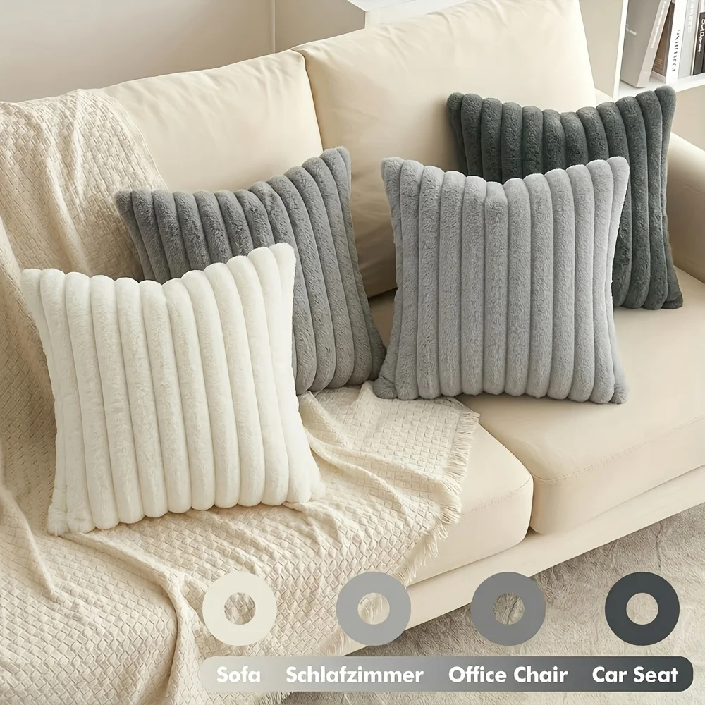 4Pcs Faux Fur Plush Throw Pillow Covers Modern Striped Morandi Color Cushion Covers with Zipper Closure Soft Square Pillowcases