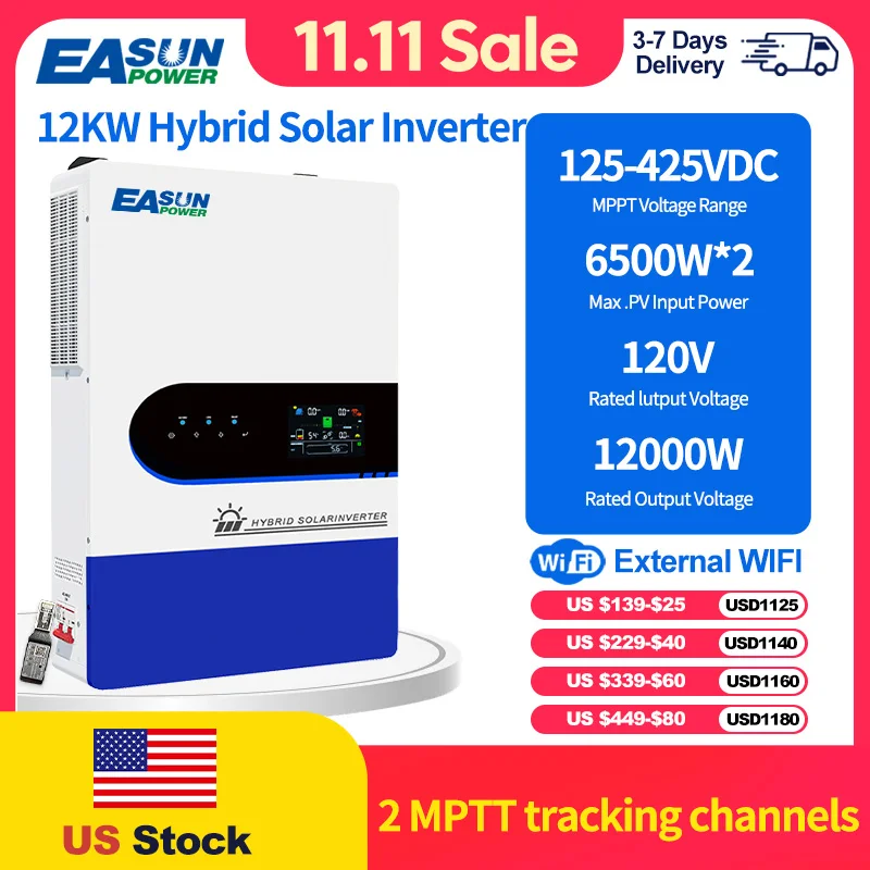 EASUN POWER 12KW 12000W Split Phase Hybrid Solar Inverter Dual MPPT 500VDC PV Input 48VDC Pure Sine Wave 120V/220V 6 Units Parallel Time-of-use Charge Discharge Lithium BMS Multiple Protection US Split Phase