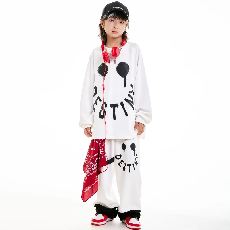 Children Street Dance Clothing Boys' White Hoodie Long Sleeve Suit Hip-Hop Outfits Kids Jazz Dance Performance Costumes DN19142