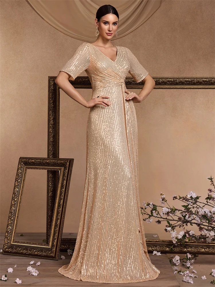 Luxury Floor Length V-Neck Evening Dress 2025 Women Elegant Party Maxi Sequin Short Sleeves Prom Cocktail Graduation Dress