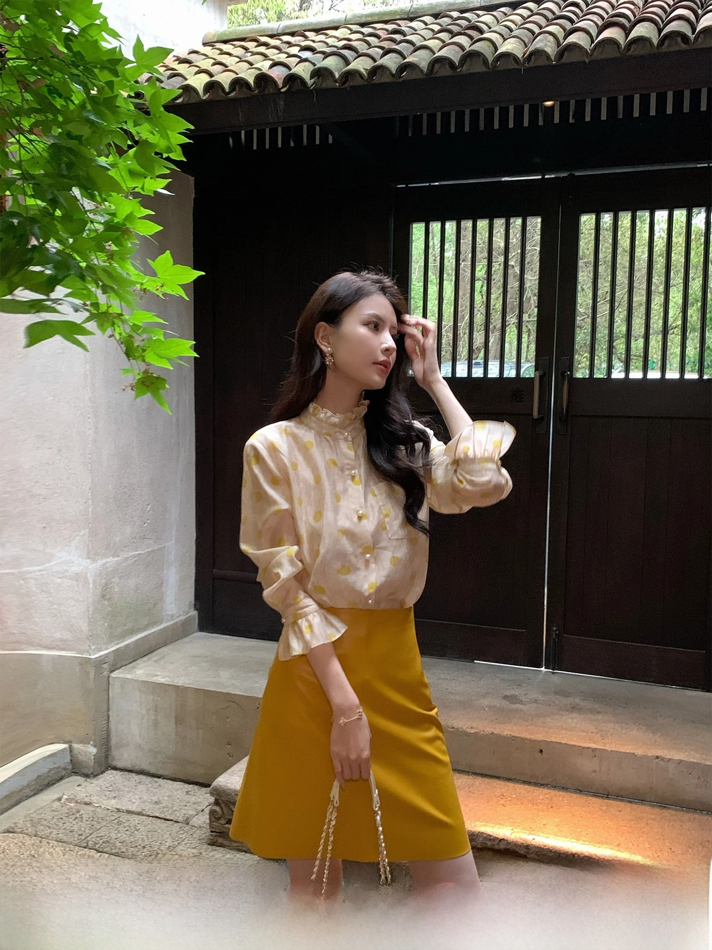 

Silk Shirt Women's Spring Wooden Ear Stand Collar Polka Dot Long Sleeve Breathable Comfortable Fit Casual Style Shirt