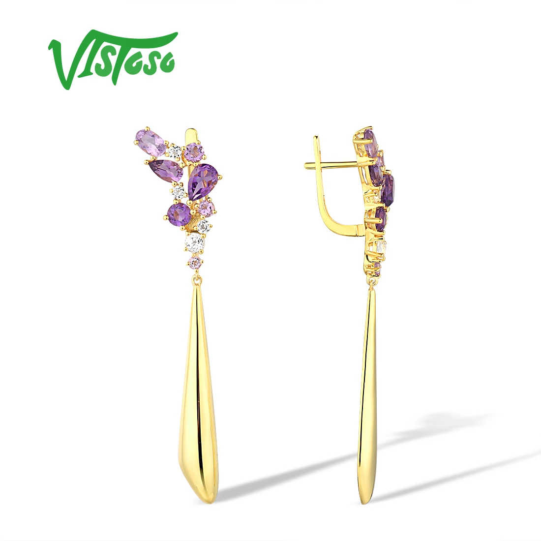 VISTOSO Pure 14K 585 Yellow Gold Earrings For Women Sparkling Amethyst White Topaz Long Earrings Gorgeous Fashion Fine Jewelry