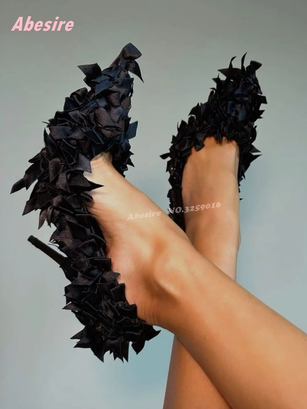 

Multi-Bows Stiletto Heels Pumps Pointy Toe Thin Shallow Women's Pumps Lolita Solid Satin Runway Party Shoes Black Big Size 46