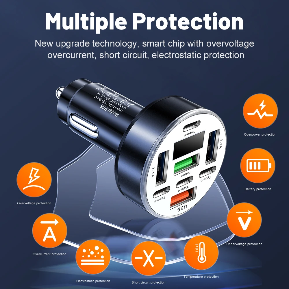 120W Car Phone Charger 8Ports LED Digital Display 4USB+4Type C Fast Charging Phone Charger For iPhone Samsung Xiaomi
