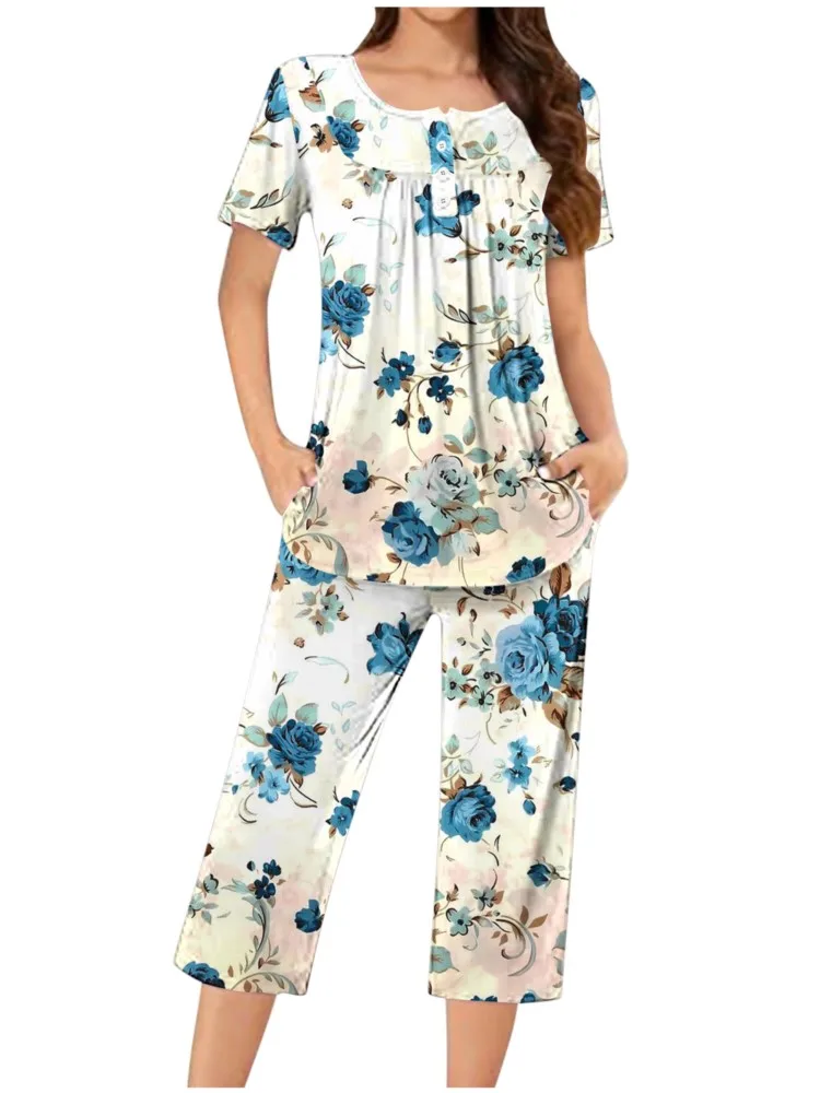 

2024 Spring Summer Suit For Women Vintage Floral Printing Slim Top Casual Pocket Elastic Waist Pantalones Homewear Two Piece Set