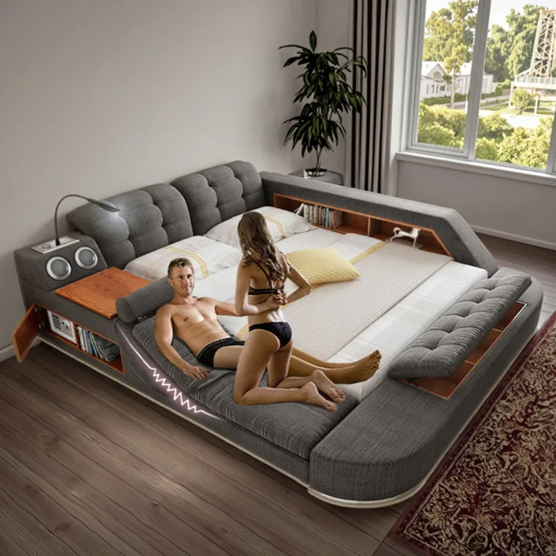 USB Enabled Smart Wood Massage Bed Set New Modern Functional Bedroom Furniture King Queen Size Smart Technology Bed