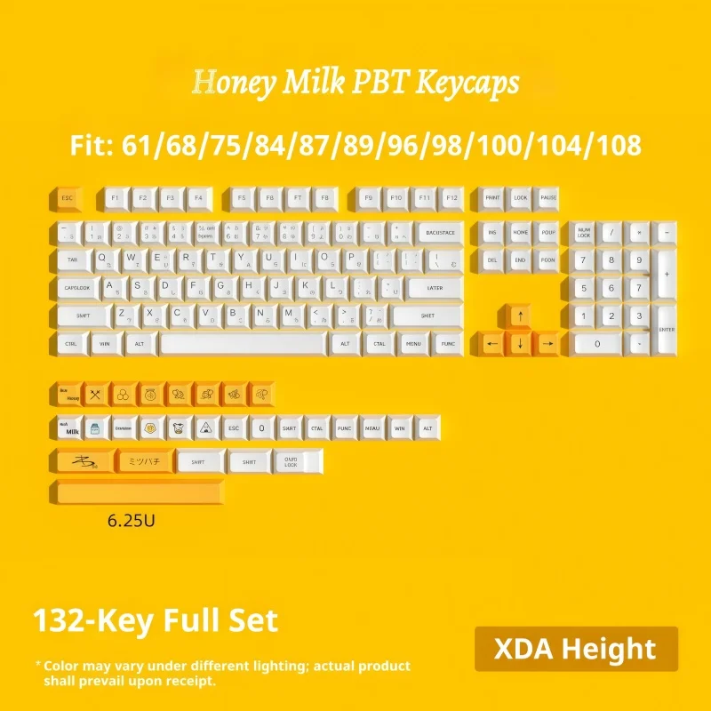

Колпачки для клавиш с медовым молоком, материал XDA PBT, пятисторонняя термосублимация, милый мультяшный индивидуальный маленький полный набор, подарок, 132 клавиши, крестовое отверстие