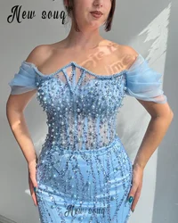 Unique Design Sky Blue Beading Evening Dress Mermaid Off Shoulder Short Sleeve Birthday Dress Arabic Bride Wedding Party Gowns