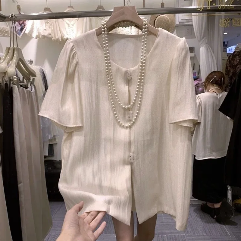 

plus Size Women's irt Summer Loose Ele ort Sve Korean Sle round Ne Button Detail Color Commute Faion