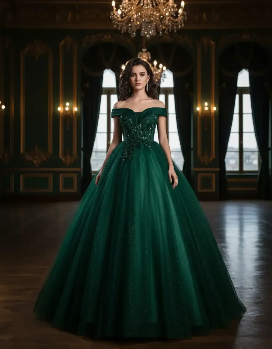 

Luxury Emerald Green Off Shoulder Sparkle Tulle Ball Gown Quinceanera Wedding Birthday Evening Prom Formal Dress Free Petticoat