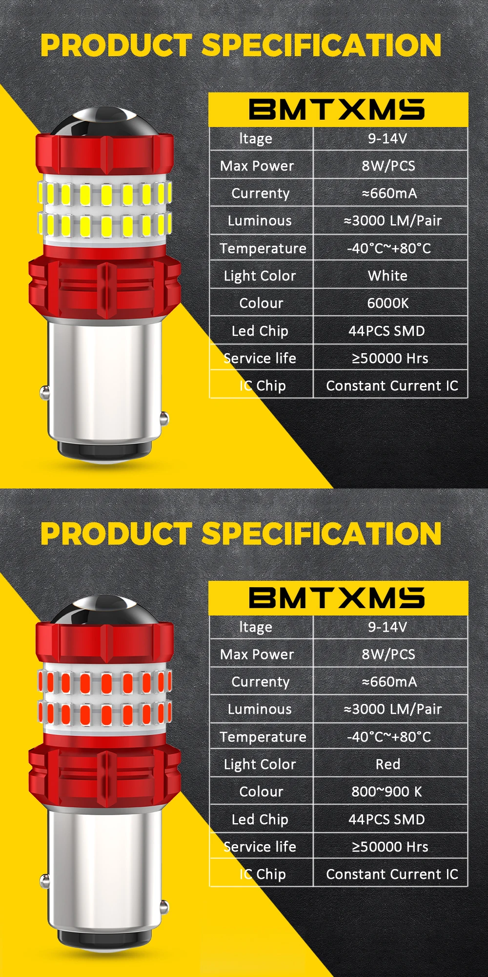 BMTxms 2pcs 1157 BAY15D P21/5W LED Brake Stop Red Lights Canbus BAW15D PR21W BAZ15D P21/4W LED Reverse Backup Daytime White Lamp