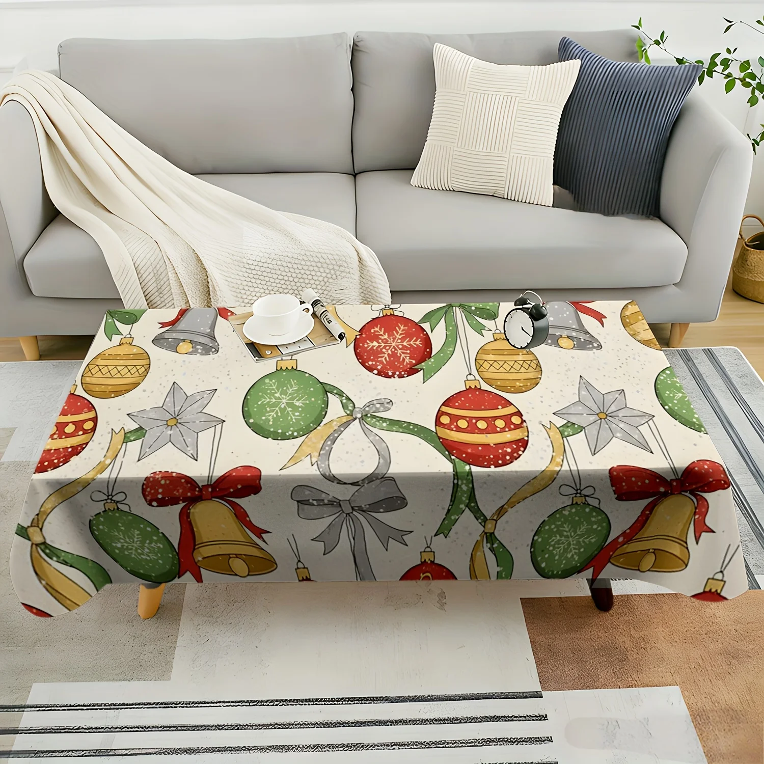 1pc 2D Flat Tablecloth, Christmas Bauble Bell Bow Snowflake Printed Rectangle Tablecloth, Decor for Dining Table, Wedding