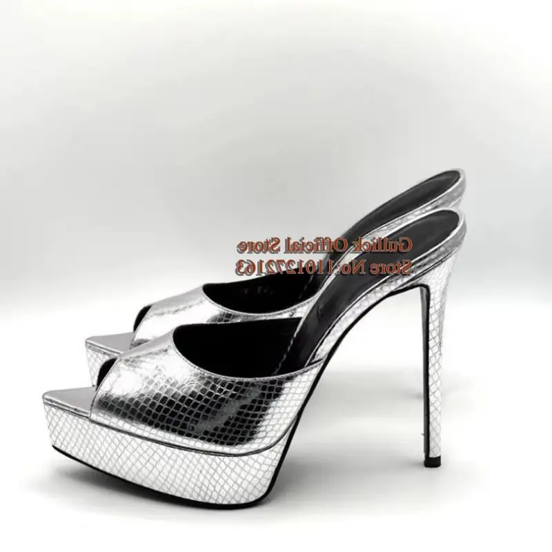

Newest Pointy Toe Platform Heels Sandals Red Snakeskin Pattern Leather Slip On Summer Slipper Female Outside Footwears