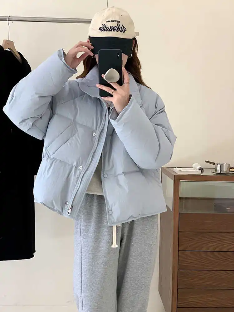 

Women's Polo Collar Short Style Jacket Autumn Winter Solid Color Warm Top Version Female Zipper Long Sleeves Loose Bread Coat