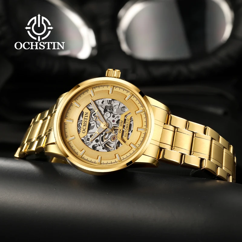 

Мужские часы OCHSTIN с ремешком из нержавеющей стали, минеральным закаленным стеклом, водонепроницаемые, с механическим механизмом, модные часы с полым корпусом
