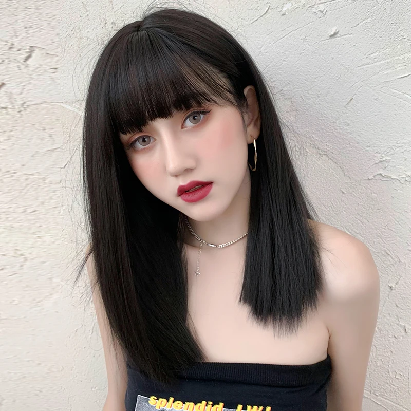 7JHH WIGS Shoulder Length Flat Cut Dark Brown Wig for Women Daily Use High Density Synthetic Balck Tea Hair Wigs with Air Bangs