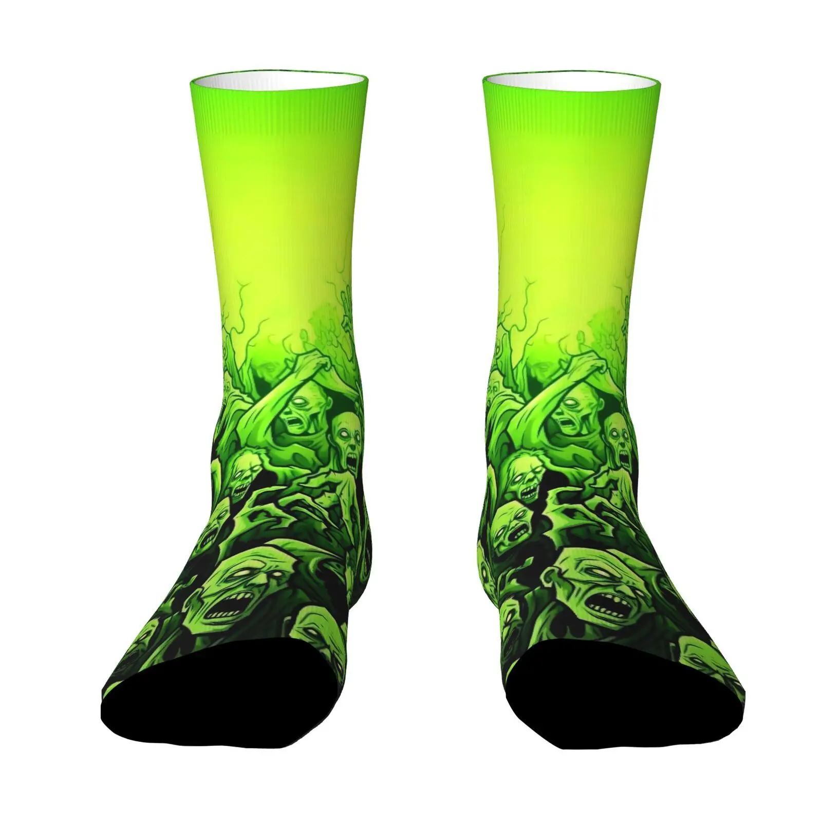 A Unisex Pair of Outdoor Socks Featuring a Green Zombie Horde Print with a Strong Horror Vibe Machine Washable