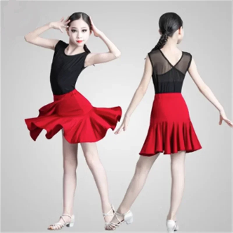 어린이 라틴 댄스 복장 전문 댄스 훈련 의상 소녀 블랙 탑 스커트 정장 룸바 라틴 댄스 착용