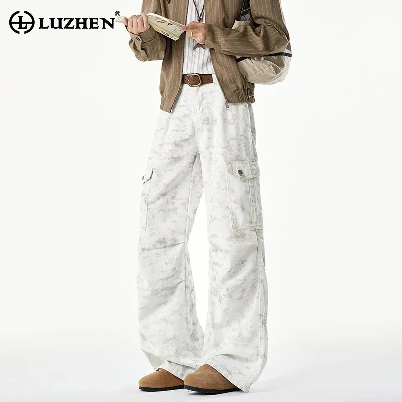 LUZHEN 2026 New Stylish Tie-dyed Pattern Multi Pockets Design Straight Cargo Pants Men's Fashion Handsome Pleat Trousers JY8184