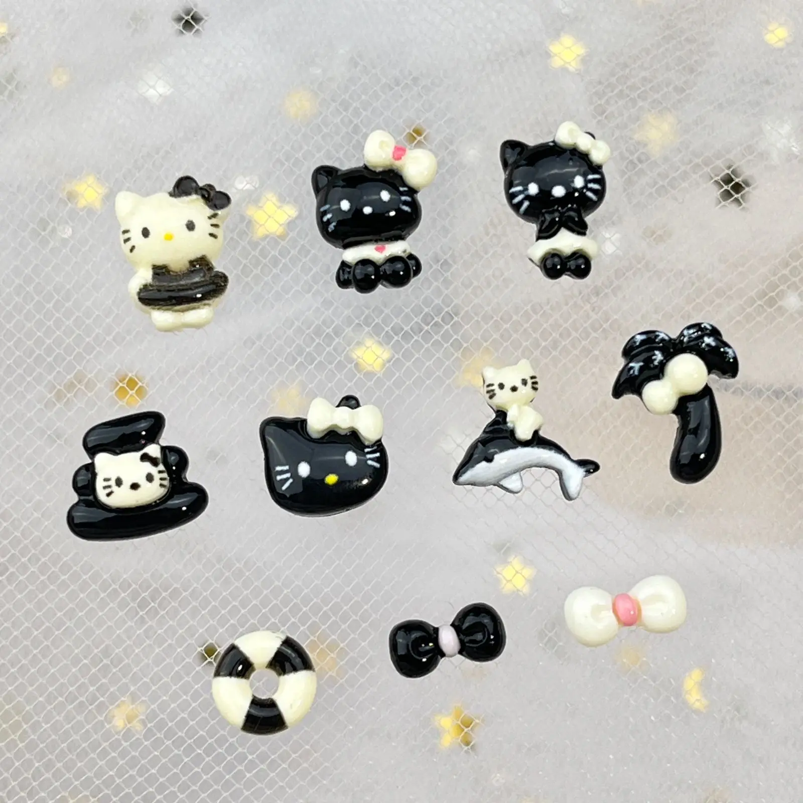 20pcs miniso black hawaii kt cartoon nail charms for diy nail making kawaii cute resin nail art decoreation