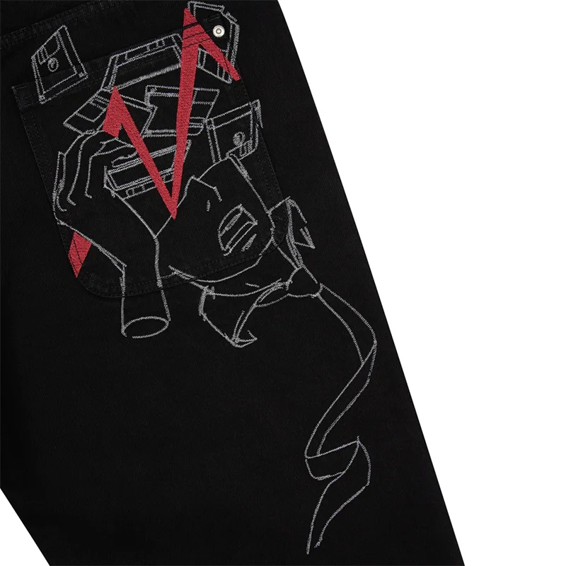 Y2K جينز هيب هوب فضفاض خط تجريدي أحمر البرق جرافيك شارع العليا مستقيم الساق جينز موضة الرجال النساء ملابس الشارع الشهير غير رسمية