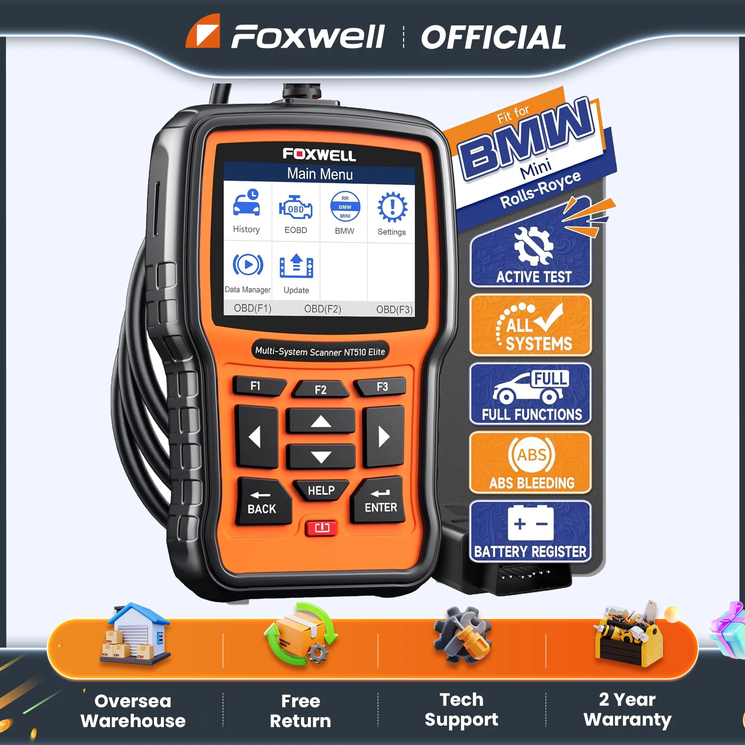 FOXWELL NT510 Elite OBD2 Automotive Scanner for BMW  30+ Reset  Bi-directional Diagnostic Tool Car OBD2 Full System Code Reader