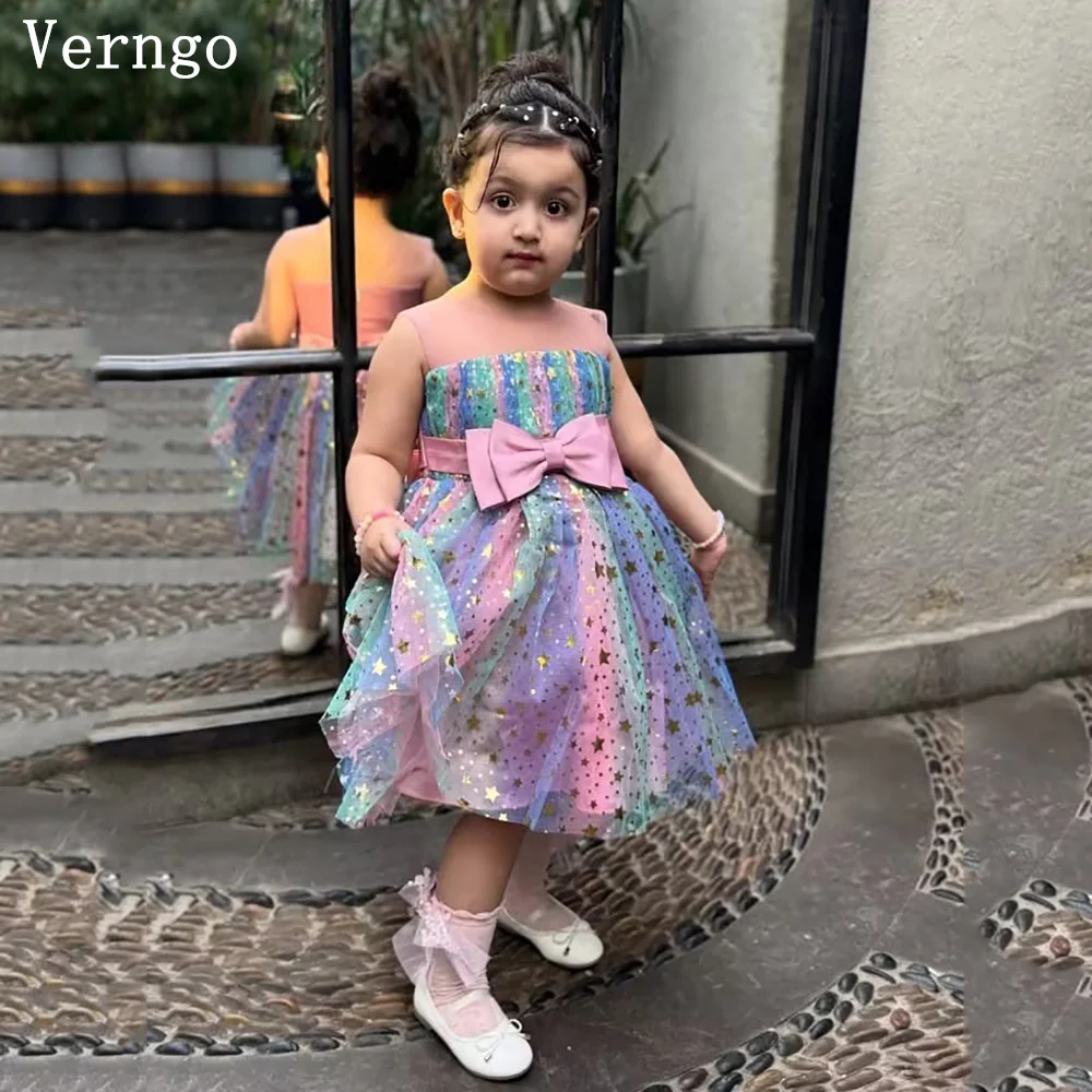 

Verngo Colorful Tulle Mini Girl Flowers Dress Strapless A Line Bow Birthday Party Gown Celebrity Kid Gown Customized