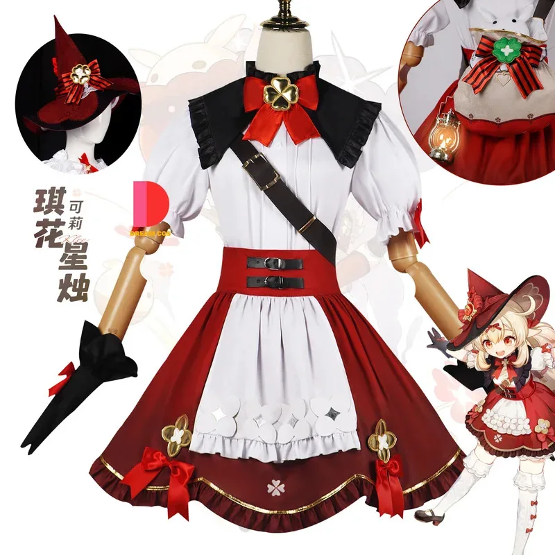 

Genshin Impact Klee New Skin Cosplay Costume Doll Witch Red Dress Bag Little Witch Outfit for Women Plus Size Role Play Party