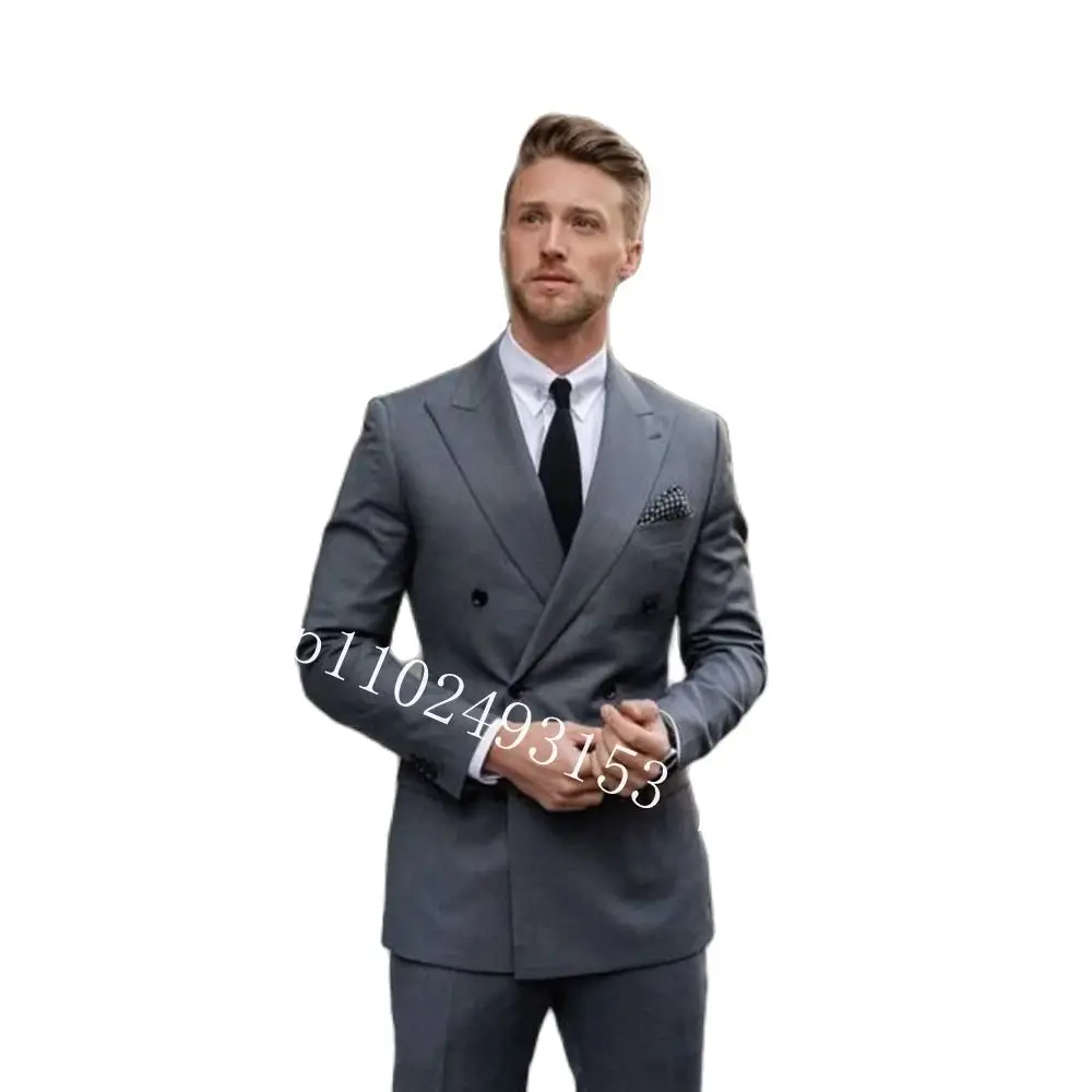 Grey Formal Business Suits Men Blazer Slim Fit Suits Double Breasted Groom Wear Wedding Tuxedos Jacket Pants Trajes De Hombre