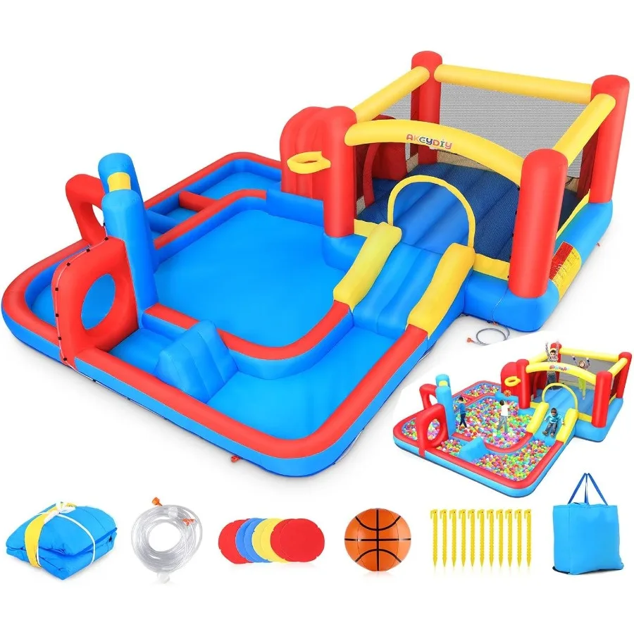 Scivolo d'acqua per casa di rimbalzo, castello di rimbalzo per ostacoli con scivolo e piscina antispruzzo, scivolo d'acqua gonfiabile per parco acquatico nel cortile