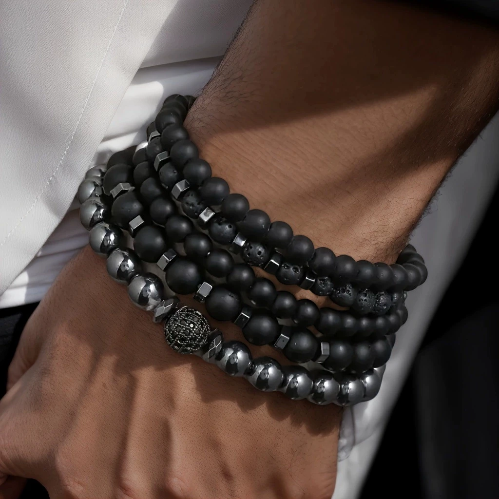 5 قطعة سوار الخرز الأسود مجموعة للرجال مكعب الزركون الكرة سحر الطبيعية ماتي الحمم البركانية حجر مطرز سلسلة الإسورة الذكور مجوهرات بسيطة #1