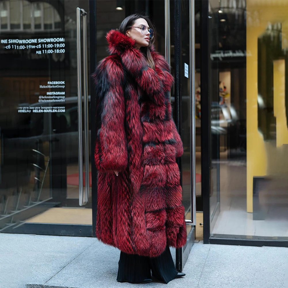 120Cm Lange Echt Zilveren Vossenbontjas Met Grote Turn-Down Kraag High Street Vrouwen Geneuen Volledige Vossenbontjassen Bovenkleding Vrouw