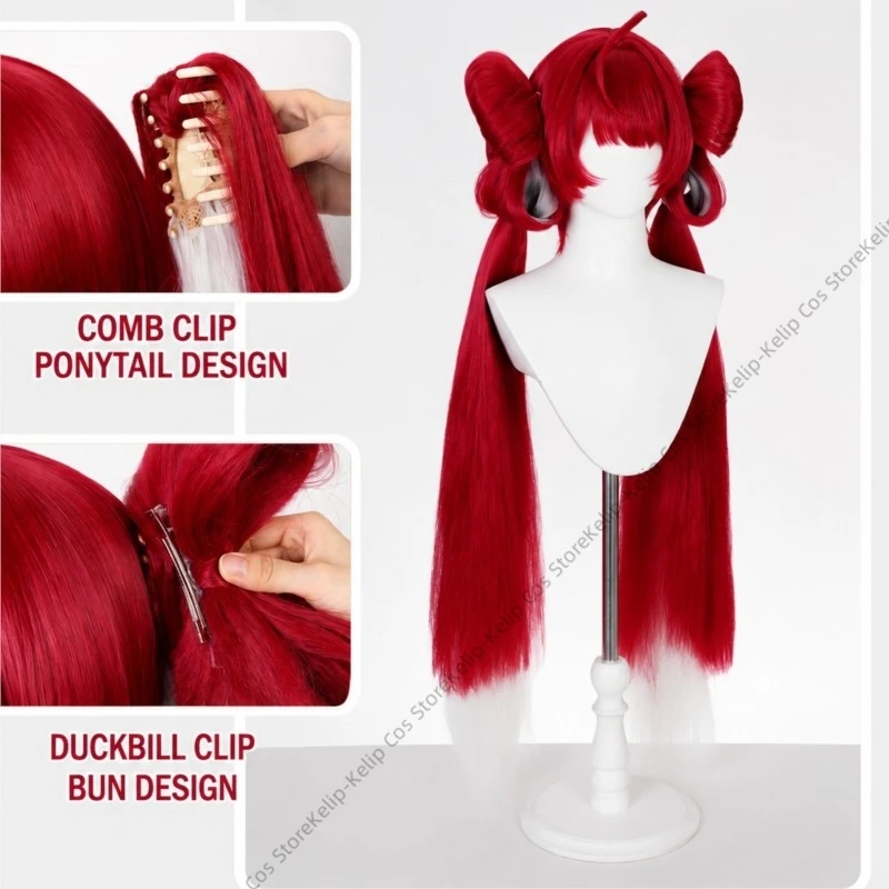 Wuthering Waves Suoming Cosplay Wig Long Red Twin Bun Character Hair Wig Anime Game Halloween Carnival Comic Con
