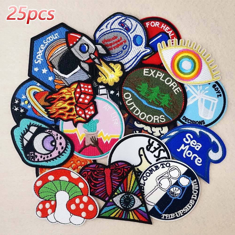 

25Pcs/Lot Mushroom Rocket Eye Decoration Patches Embroidery Applique Ironing Clothing Sewing Supplies Decorative Patch Bee